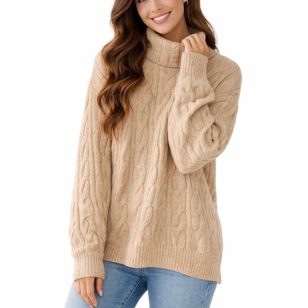 L.L. Bean wool ivory cableknit turtleneck sweater xl petite